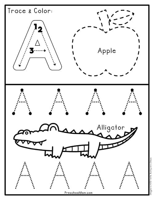 Pre-K worksheet featuring the letter A for coloring and phonics practice