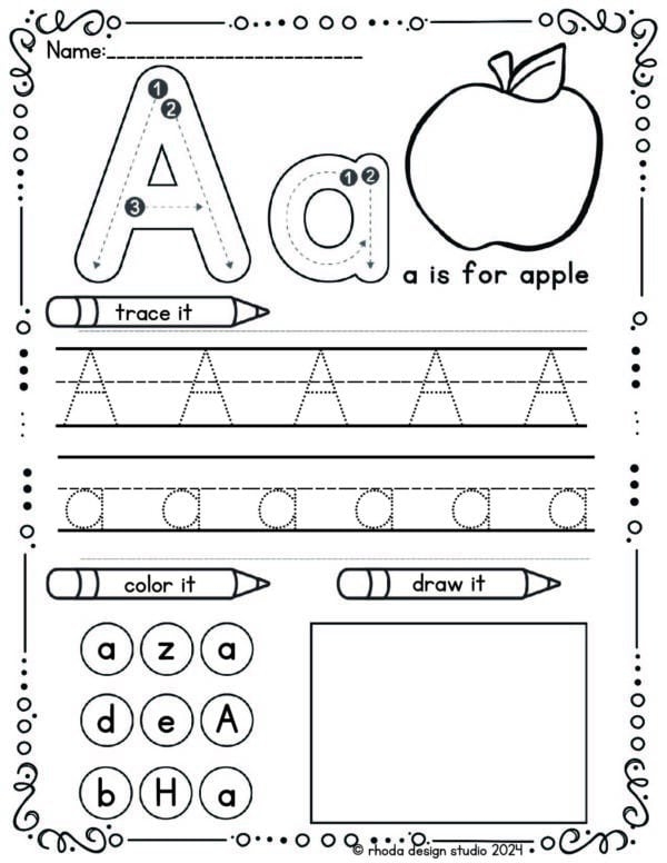 Pre-K printable worksheet featuring the letter A for coloring and phonetic practice