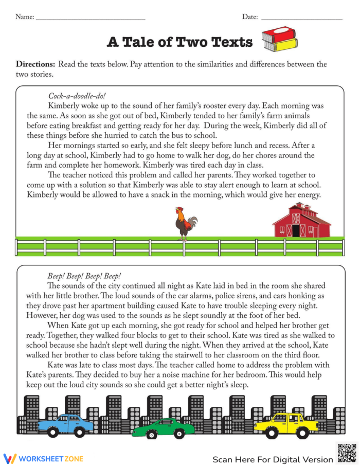 A Tale of Two Texts worksheet image for compare and contrast activity Third grade students engaging with the A Tale of Two Texts worksheet for grammar practice