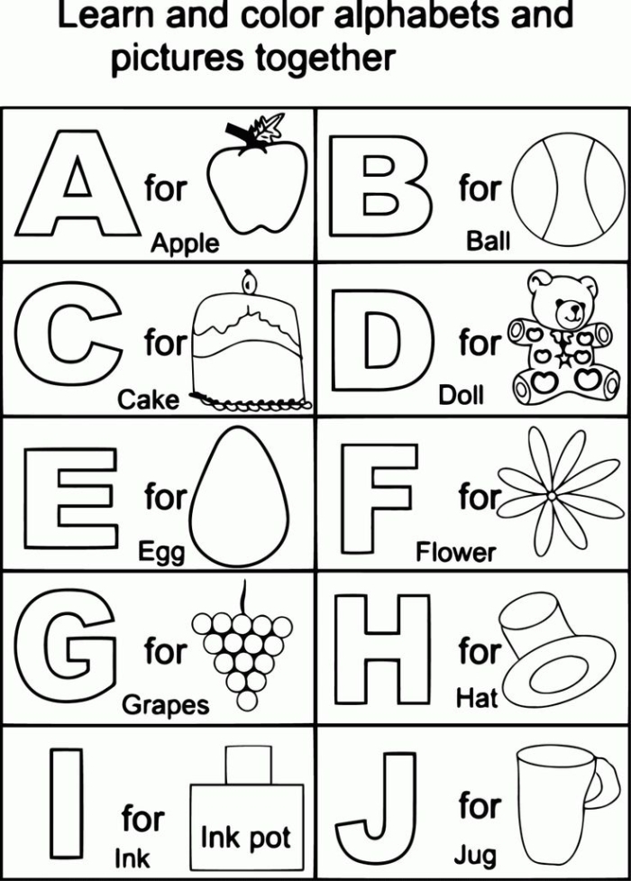 ABC coloring page worksheet designed for preschoolers to learn the alphabet
