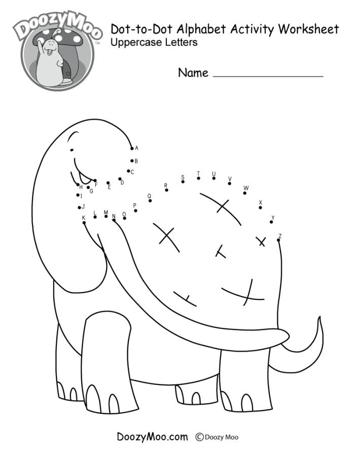 Fun ABC connect-the-dots activity for Pre-K kids with a dinosaur theme ABC connect-the-dots worksheet featuring a dinosaur for preschool alphabet practice