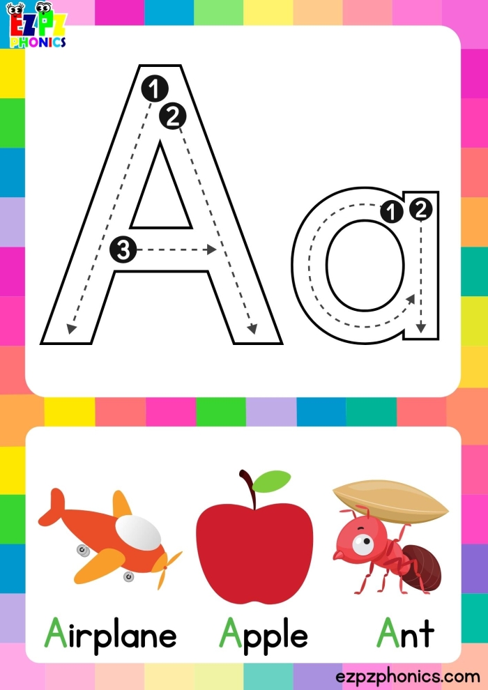 ABC Flashcards: Letter A with apple for preschool learning activities A worksheet showing ABC flashcards with the letter A and an apple illustration for preschool coloring