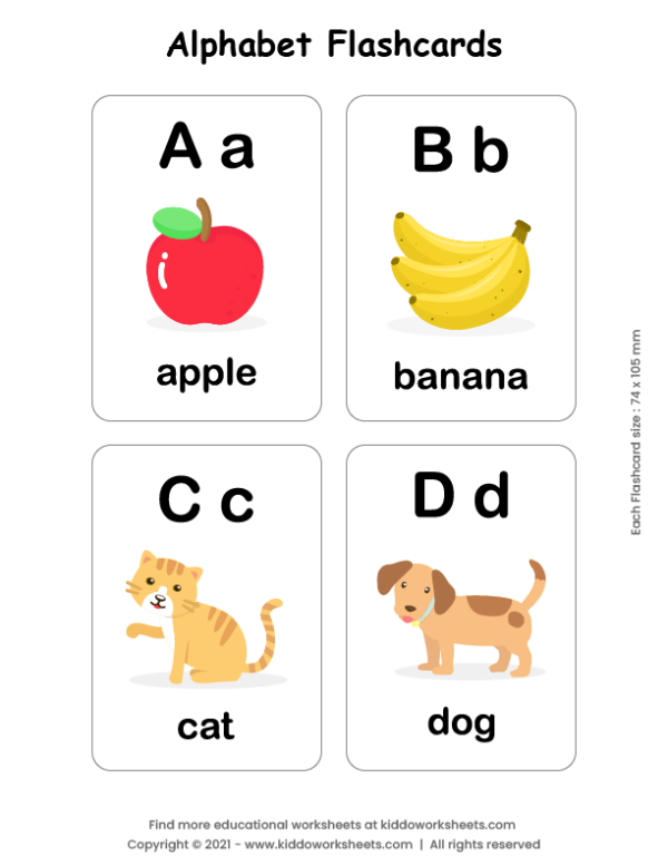 Interactive learning resource for young children to practice the alphabet with A is for apple Colorful ABC flashcards worksheet for preschoolers featuring the letter A and an apple illustration