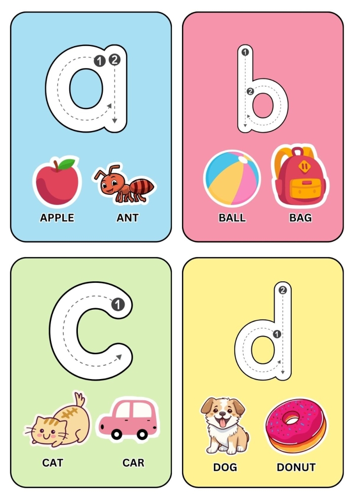 ABC Flashcards: Colorful worksheet for learning the letter A with an apple illustration A worksheet for preschoolers featuring the letter A and an apple flashcard for coloring and ABC practice