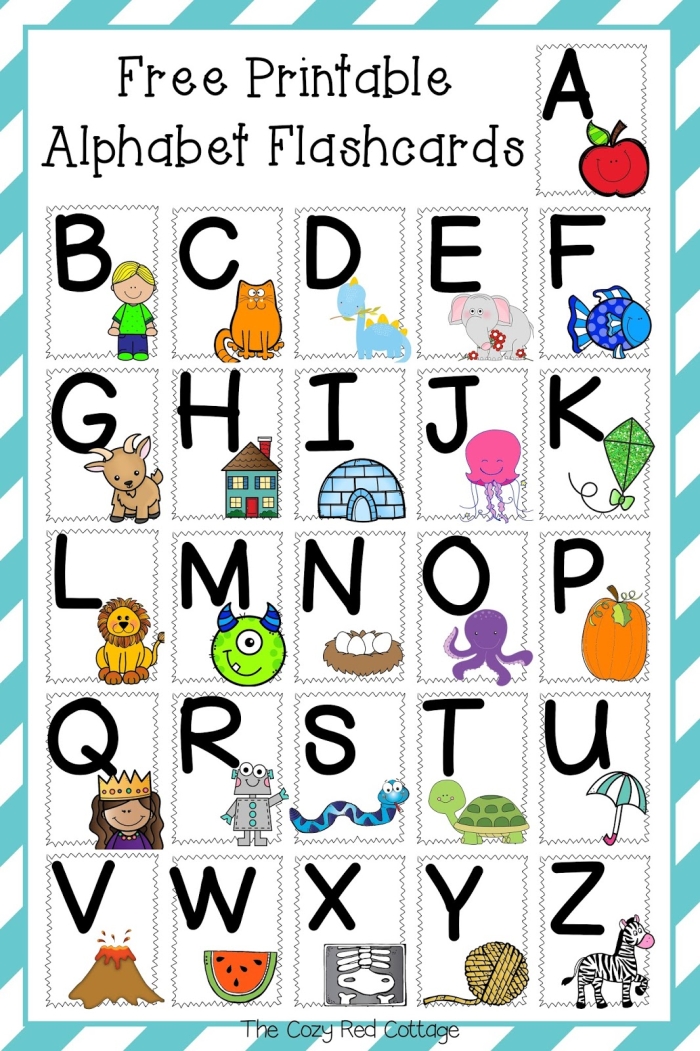 Apple flashcard and letter A coloring activity for Pre-K children. Colorful ABC flashcards worksheet featuring letter A and an apple for preschoolers.