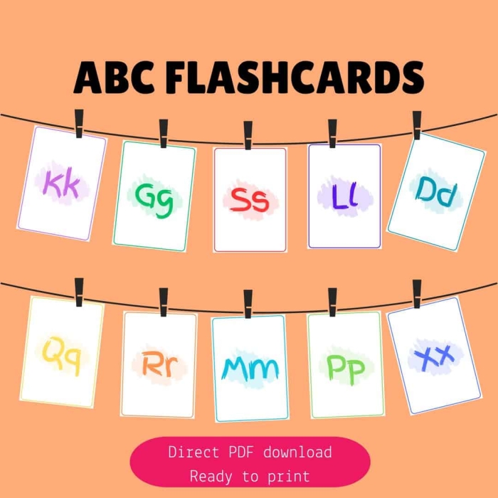 Colorful ABC Flashcards activity page for early learners focusing on the letter A ABC Flashcards worksheet for preschoolers featuring the letter A and an apple illustration