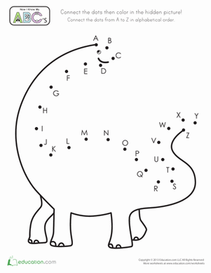 Dinosaur ABC connect the dots learning activity 15 Pre-K ABC connect-the-dots worksheet featuring a dinosaur design