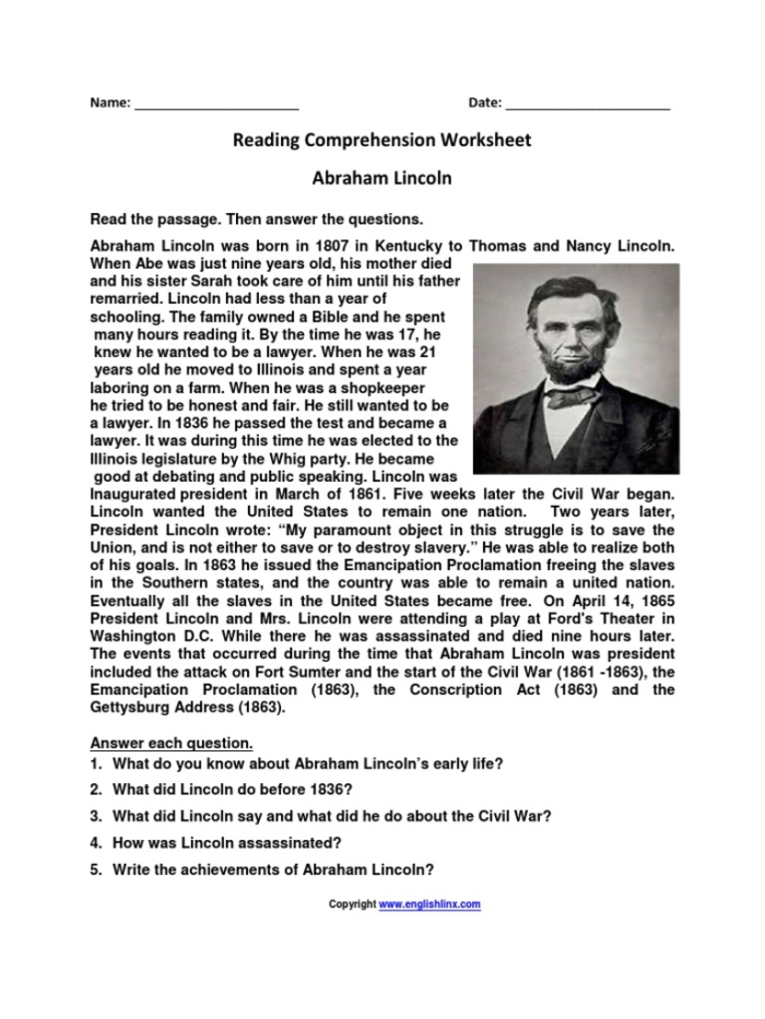 Abraham Lincoln Facts worksheet for second graders with quiz questions