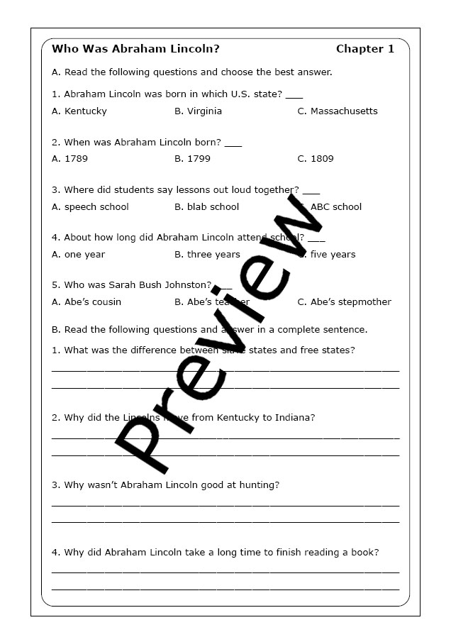 Abraham Lincoln Facts worksheet designed for second graders featuring a quiz section