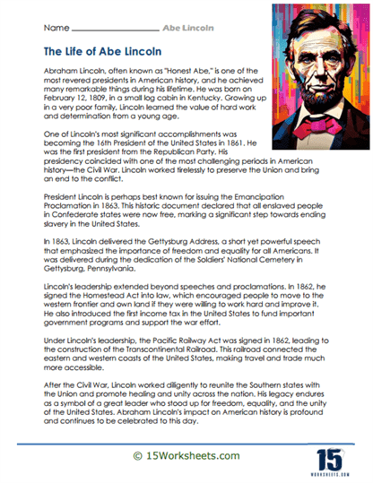 Illustration of a worksheet featuring Abraham Lincoln facts for second graders