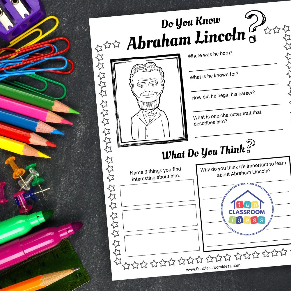 Abraham Lincoln Facts worksheet for second graders with biography and quiz questions