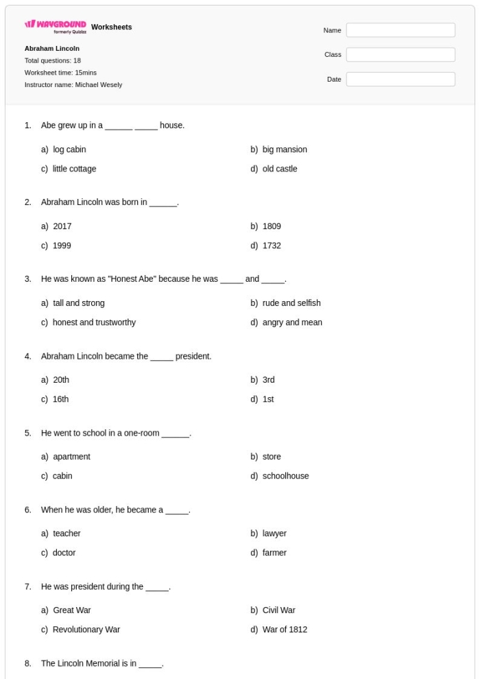 Abraham Lincoln Facts worksheet for second graders featuring a biography and quiz questions