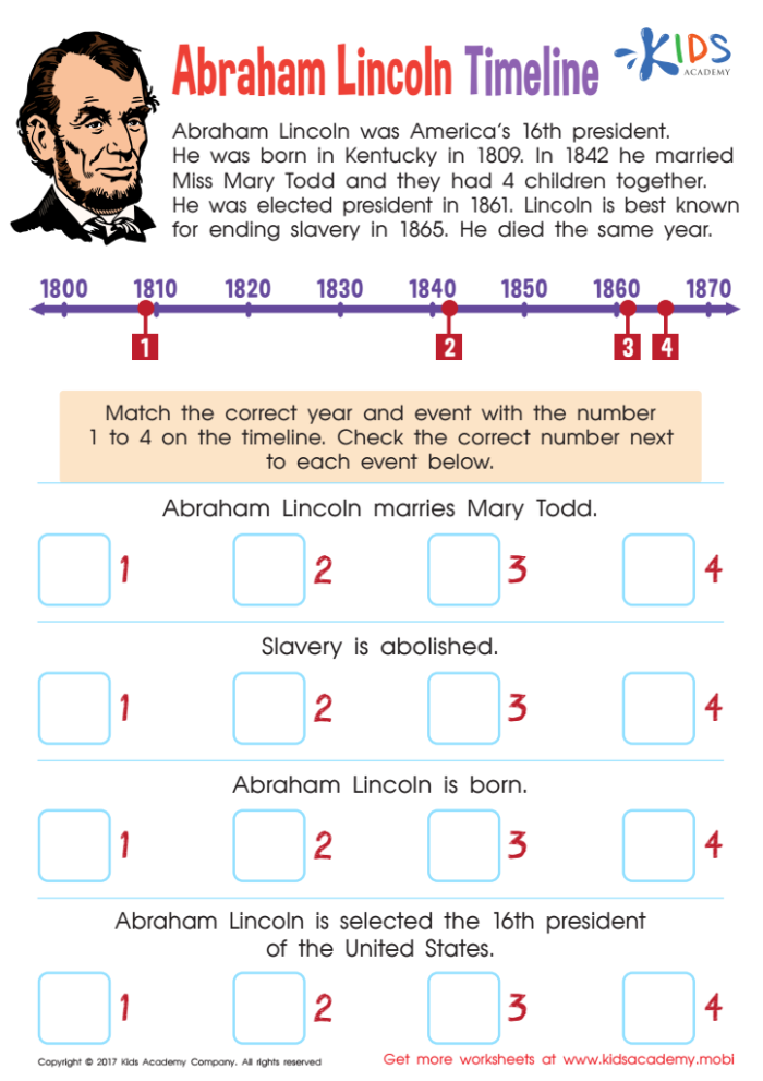 Abraham Lincoln Facts worksheet for second graders featuring a quiz and biography
