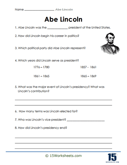 Abraham Lincoln Facts worksheet for second graders with quiz questions and biography