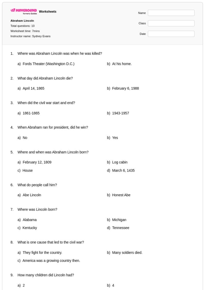Abraham Lincoln Facts worksheet for second graders with biography and quiz questions