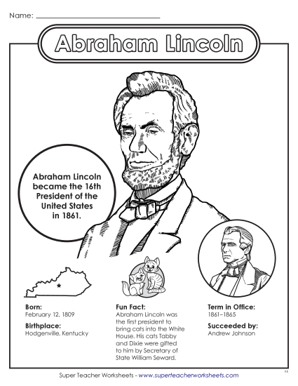 Abraham Lincoln Facts worksheet for second graders featuring a biography and quiz questions