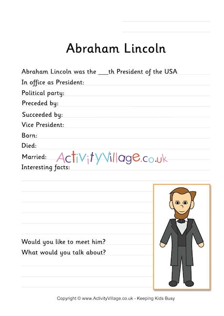 Abraham Lincoln Facts worksheet for second graders featuring a biography and quiz questions