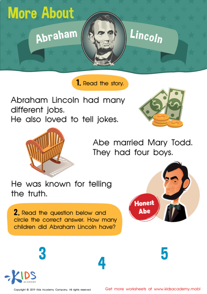 Abraham Lincoln Facts worksheet for second graders featuring a biography and quiz questions