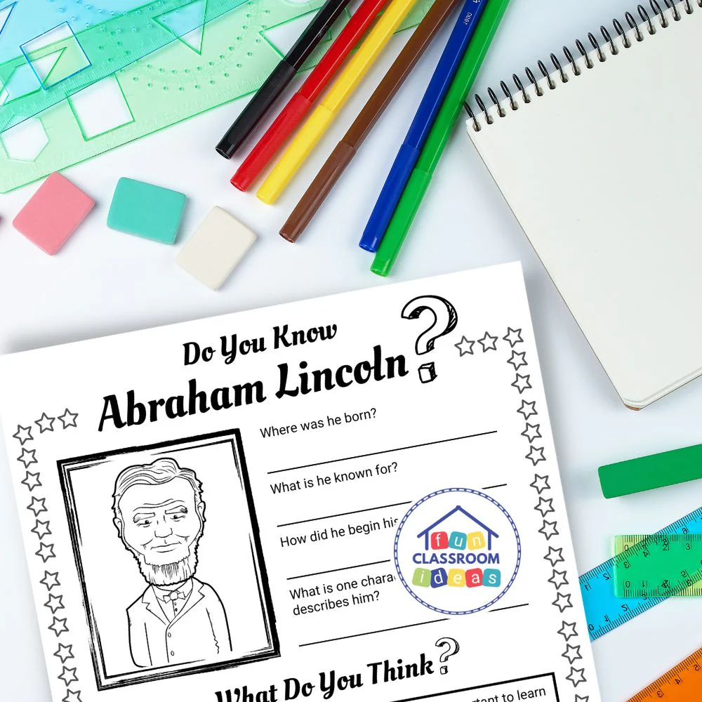 Abraham Lincoln Facts worksheet for second graders featuring a short biography and quiz questions