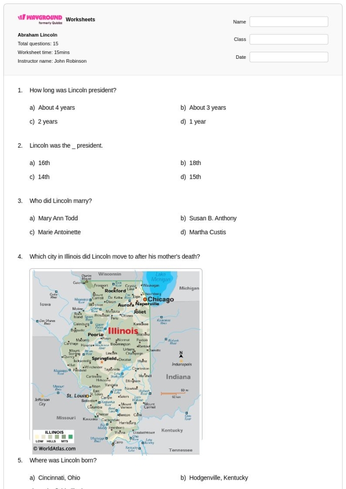 Abraham Lincoln Facts worksheet for second graders featuring a biography and quiz questions