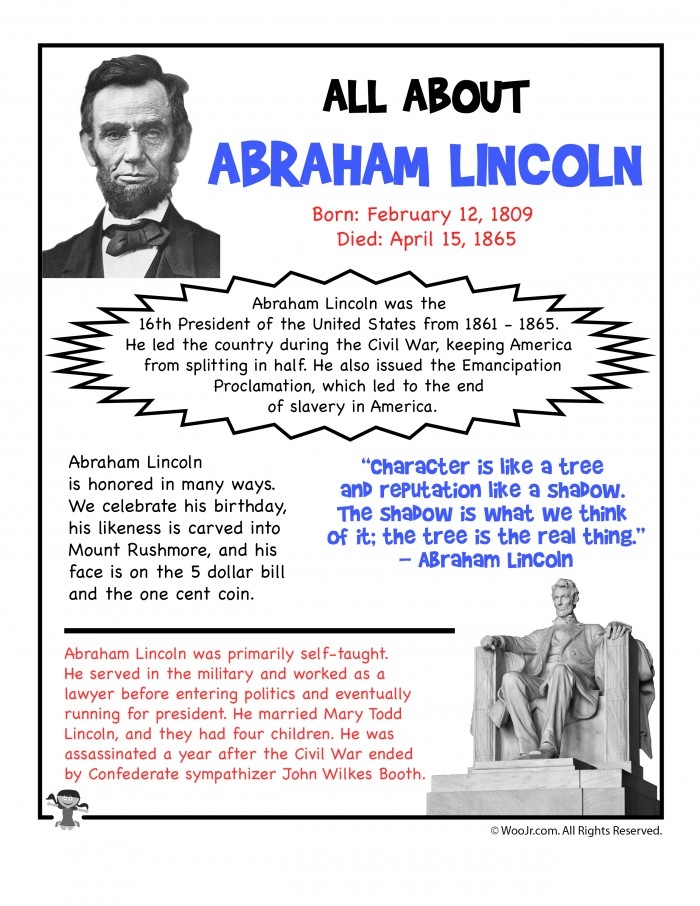 Abraham Lincoln Facts worksheet for second graders featuring a biography and quiz questions