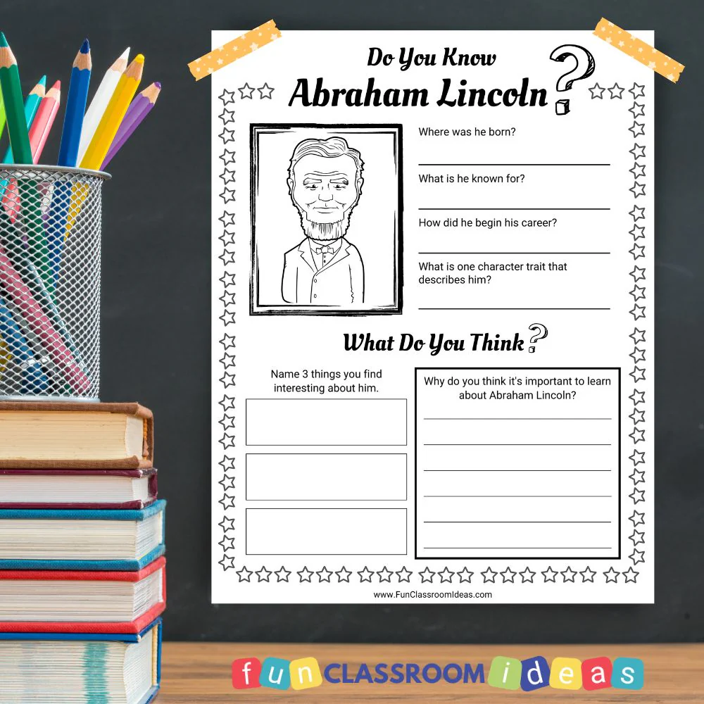 Abraham Lincoln Facts worksheet for second graders featuring a biography and quiz questions