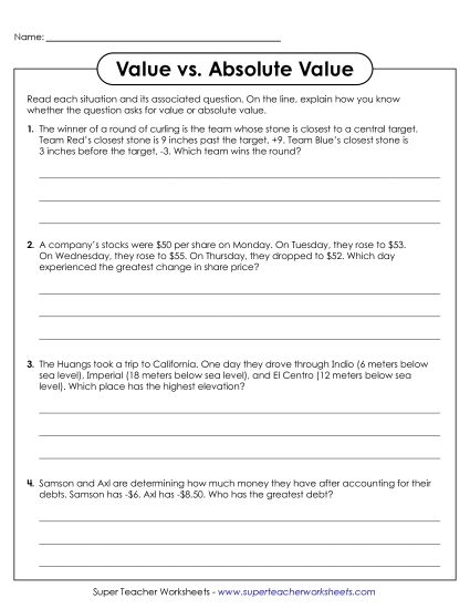 Sixth grade math worksheet for practicing absolute value and comparison problems number nineteen