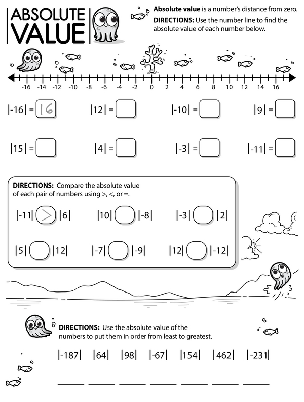 Sixth grade math worksheet focused on calculating the absolute value of various fractions
