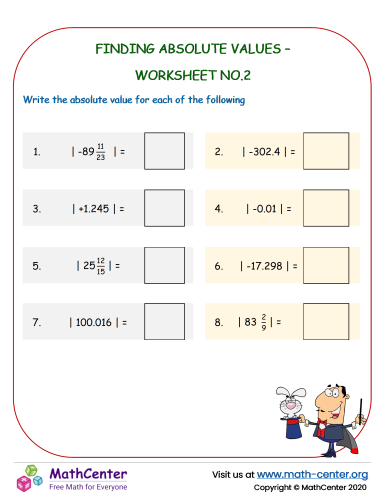 Sixth grade math worksheet focused on calculating the absolute value of various fractions