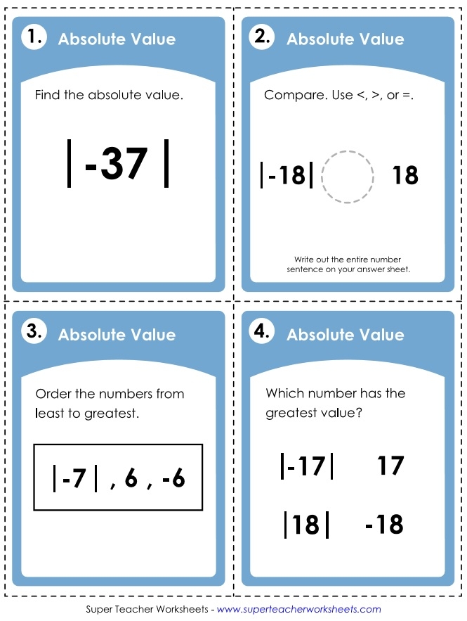 Sixth grade math worksheet showing problems for finding absolute value of positive and negative fractions and rational numbers