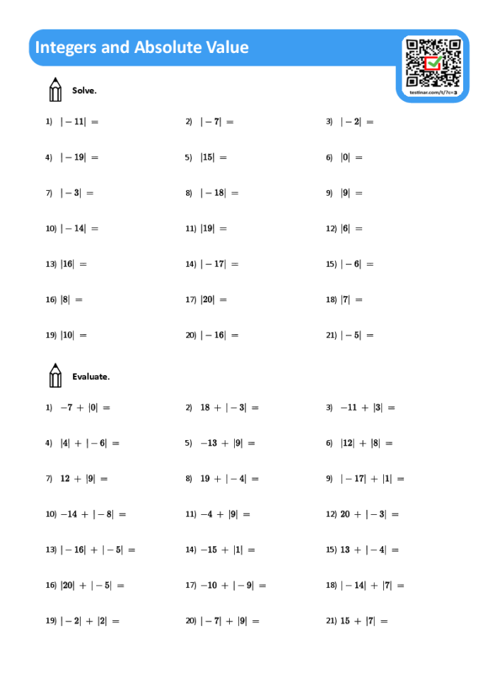 Sixth grade student solving absolute value problems on a math worksheet with number line examples