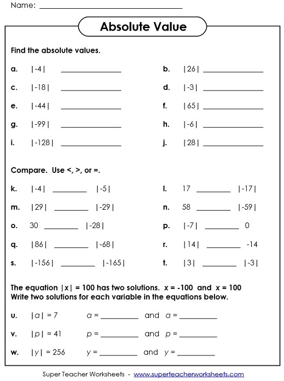 Sixth grade math worksheet showing problems for finding absolute value of positive and negative fractions and decimals