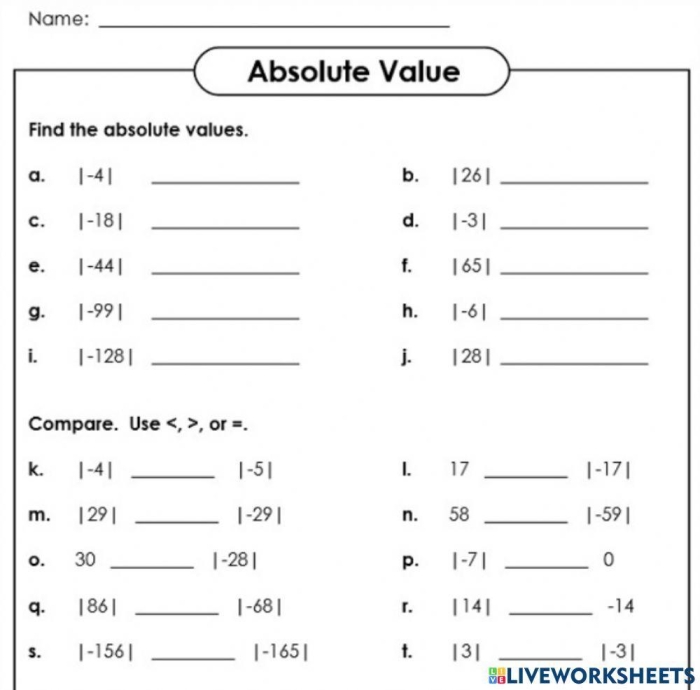 Sixth grade students practicing absolute value and opposites of rational numbers on a math worksheet