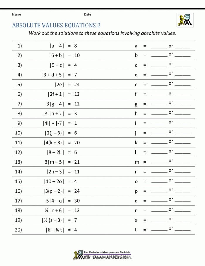 Sixth grade worksheet for finding and comparing the absolute value of rational numbers and fractions
