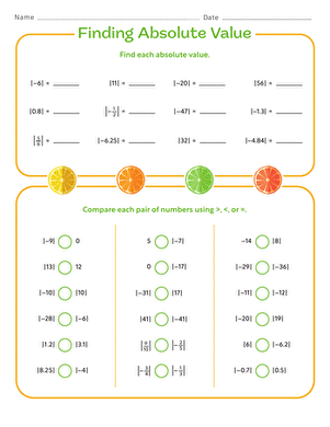 Sixth grade math worksheet showing problems for finding absolute value of positive and negative fractions and rational numbers