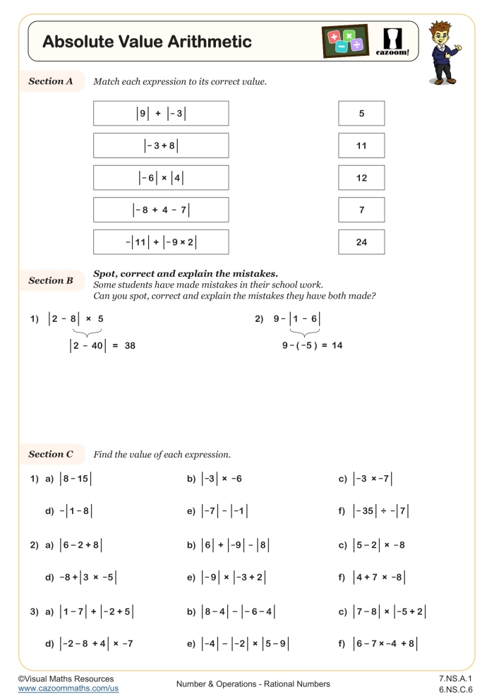 Sixth grade math worksheet focused on calculating and comparing absolute values