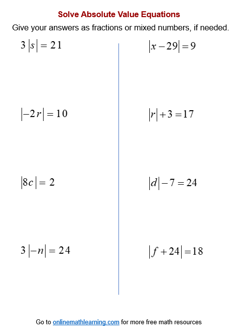 Sixth grade math worksheet showing problems for finding absolute value of positive and negative fractions and rational numbers
