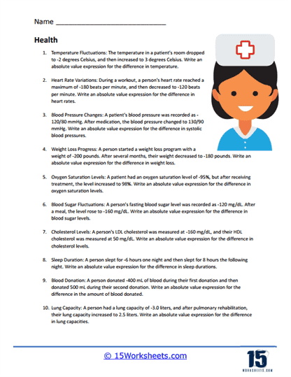 Absolute Value Word Problems Worksheet 25 for Middle School Math Practice Sixth grade students solving absolute value word problems involving real-world scenarios like temperature and elevation changes