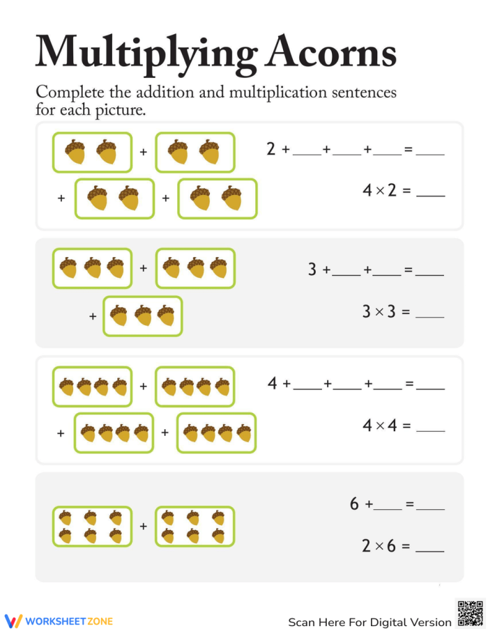 Third grade math worksheet featuring acorn illustrations to practice addition and multiplication number sentences