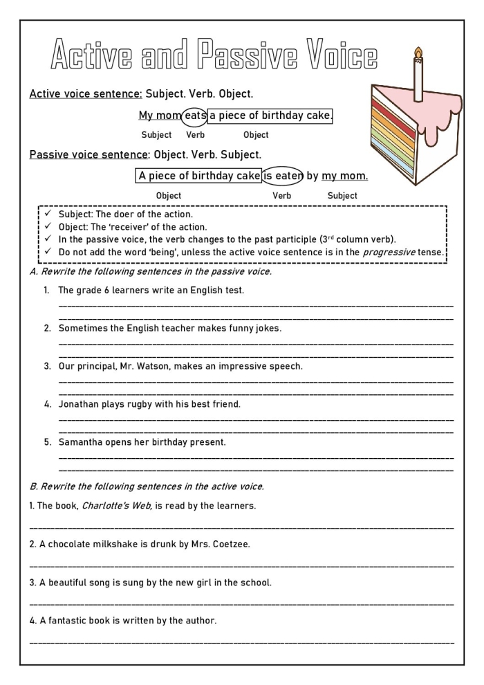 Practice worksheet for distinguishing between active voice and passive voice in sentence construction Eighth grade grammar worksheet showing sentences for identifying active and passive voice examples
