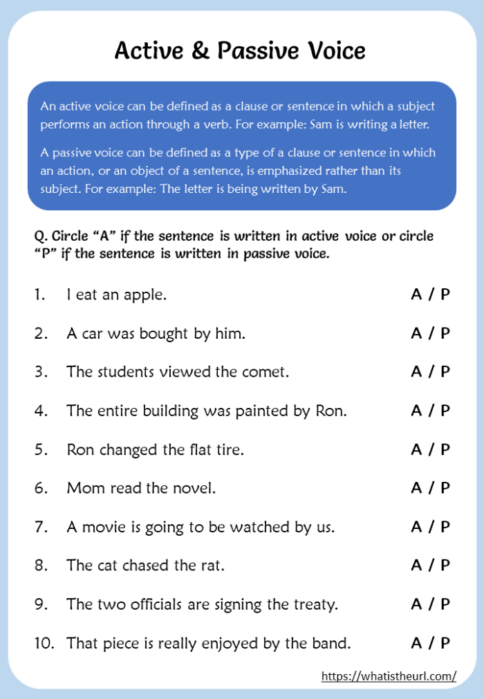 Active and Passive Voice Grammar Worksheet for 8th Grade Science Students Eighth grade science worksheet for practicing active and passive voice identification
