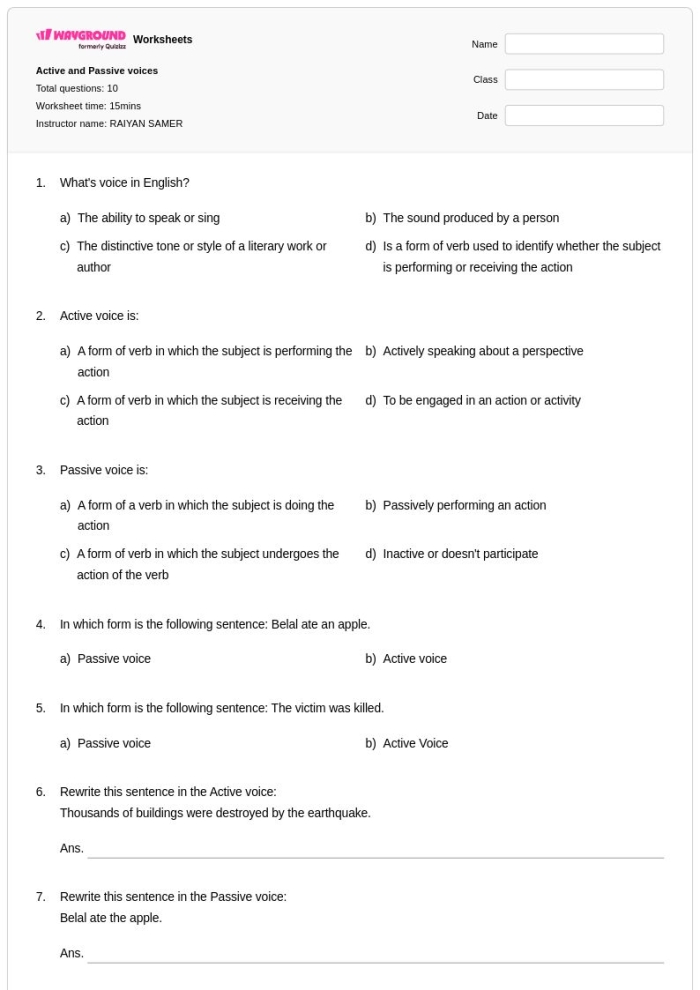 Active and Passive Voice Grammar Worksheet 25 Eighth grade physical science worksheet for identifying active and passive voice sentences