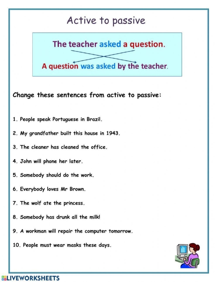 Practice exercise for distinguishing between active voice and passive voice in sentences Eighth grade grammar worksheet showing sentences for identifying active and passive voice examples