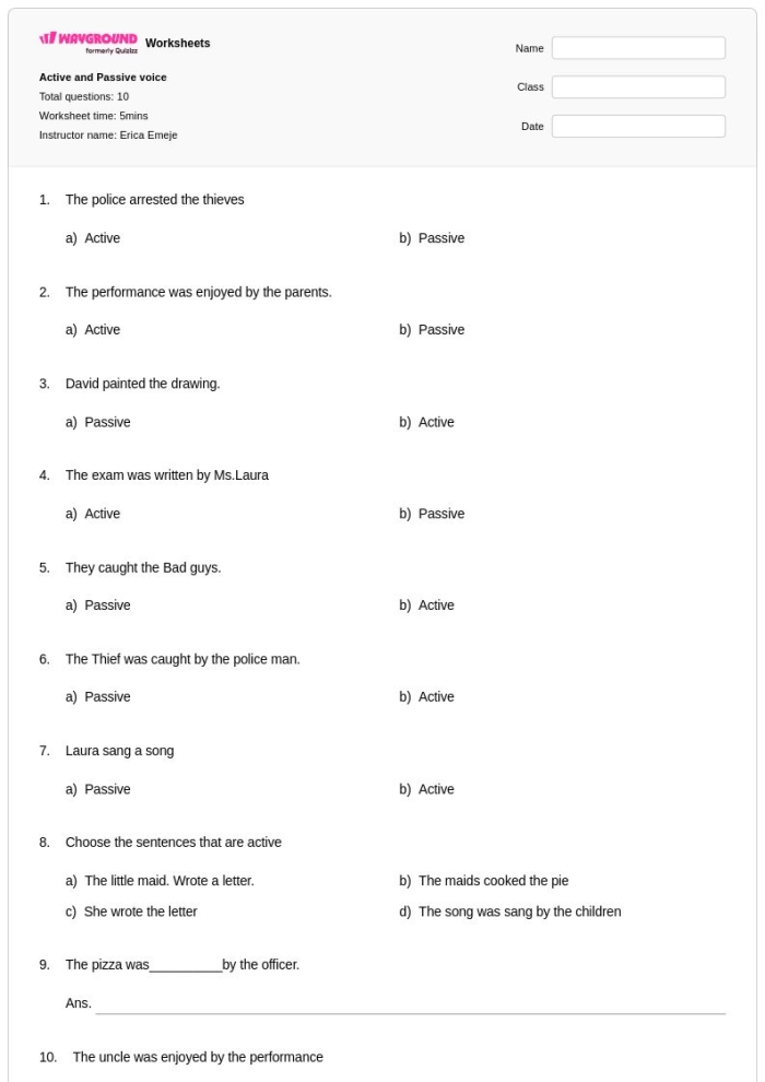 Active and Passive Voice Grammar Exercise for 8th Grade Science Students Eighth grade physical science worksheet for students to distinguish between active and passive voice sentences