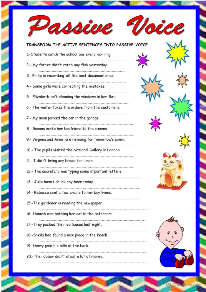 Practice worksheet for distinguishing between active voice and passive voice in sentence structures Eighth grade grammar worksheet showing sentences for students to identify active and passive voice examples