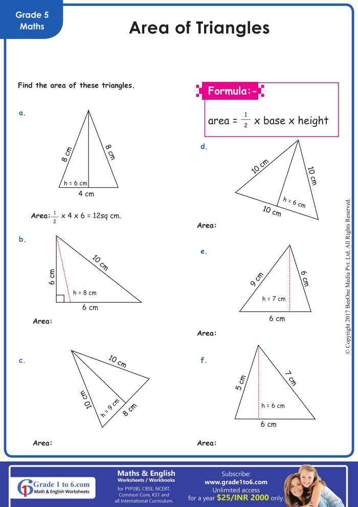 Acute Triangles: Practice Finding Area worksheet for grades 6 and 7 Worksheet on finding the area of acute triangles for sixth-grade geometry students