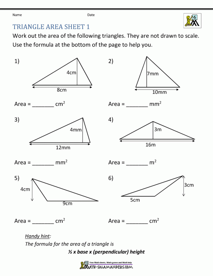 Acute Triangles: Practice Finding Area worksheet for geometry students Worksheet showcasing acute triangles and area calculation for sixth graders