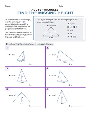 Sixth grade geometry worksheet featuring a collection of acute triangles with missing base measurements for students to calculate