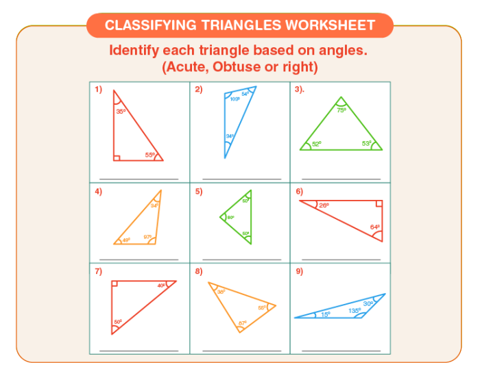 Fourth grade student identifying and marking acute triangles with angles less than 90 degrees on a geometry worksheet