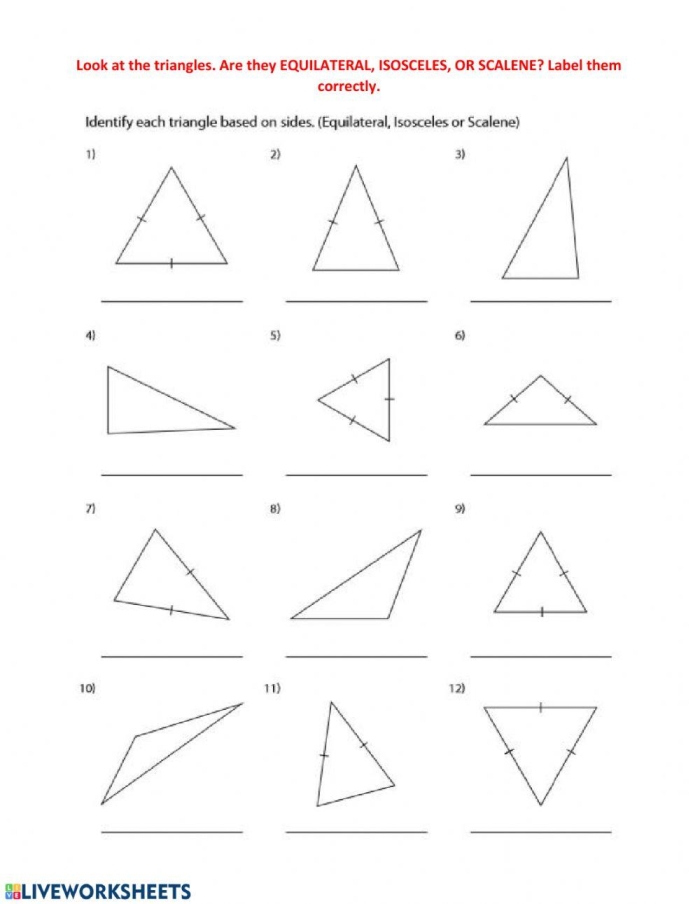 Fourth grade student identifying and marking acute triangles with measurements on a geometry practice worksheet